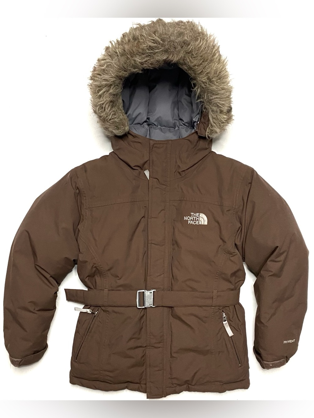 The North Face HyVent Brown Goose Down Belted Waist Faux Fur Trim Hood Jacket M